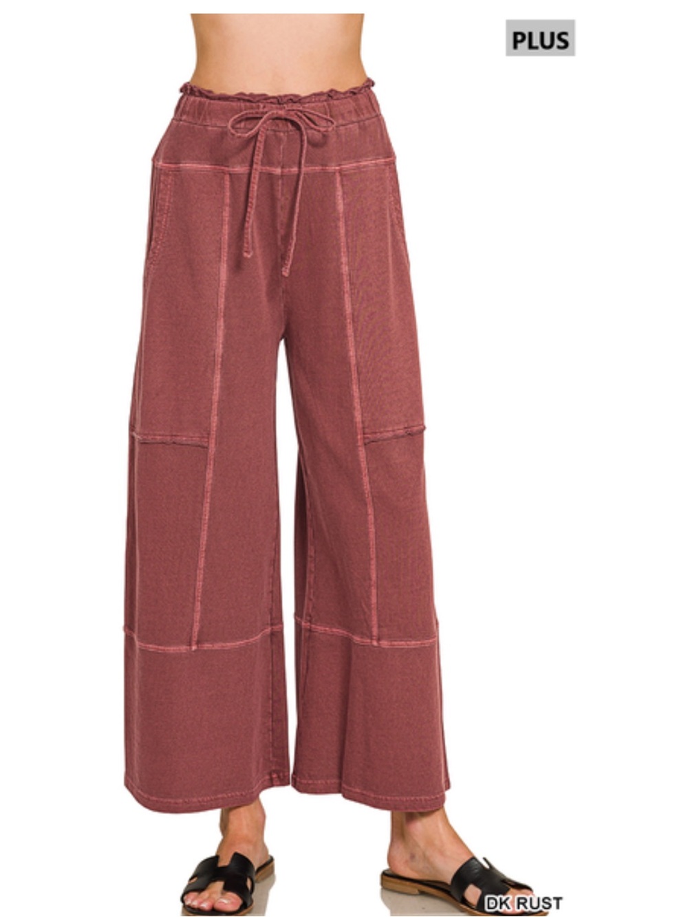 1X - 3X 384 ❤️Zenana dark rust PLUS FRENCH TERRY EXPOSED-SEAM WIDE LEG
PANTS